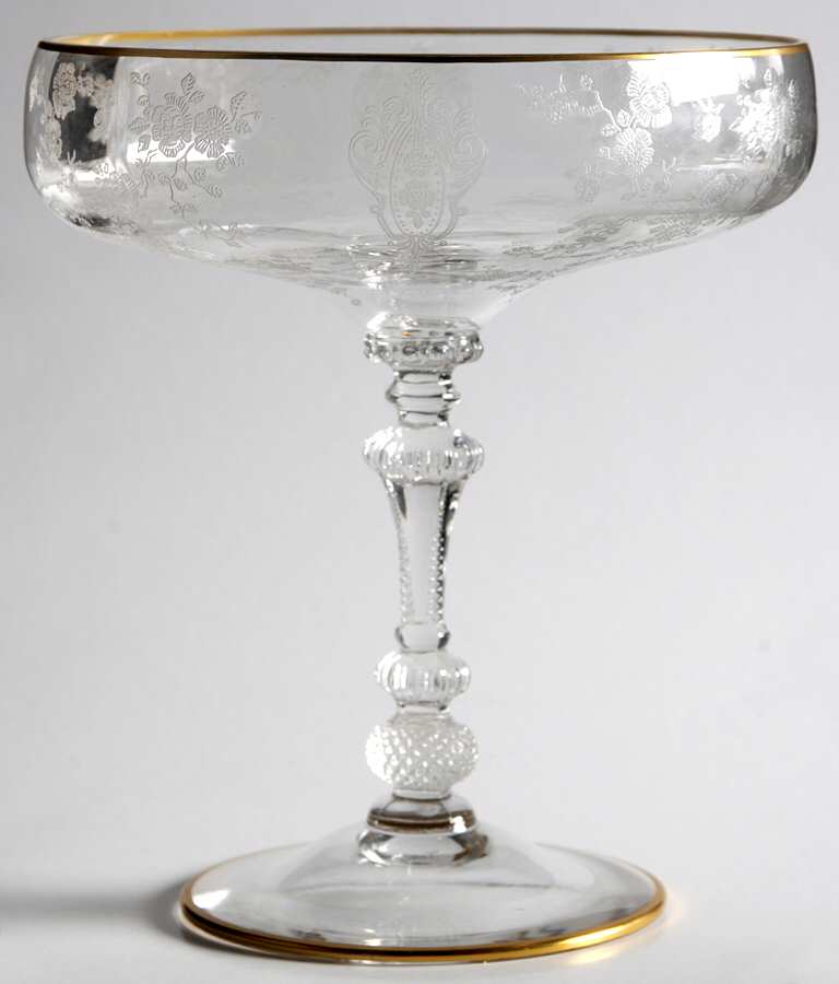 Rose Point Clear (Stem 3500, Gold Trim, Etched) Tall Comport (Height X Width) by Cambridge-1