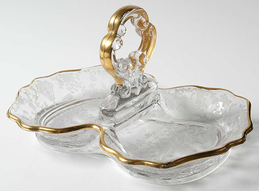 Rose Point Clear (Stem 3500, Gold Trim, Etched) 3400 2 Part Center Handled Relish by Cambridge-1
