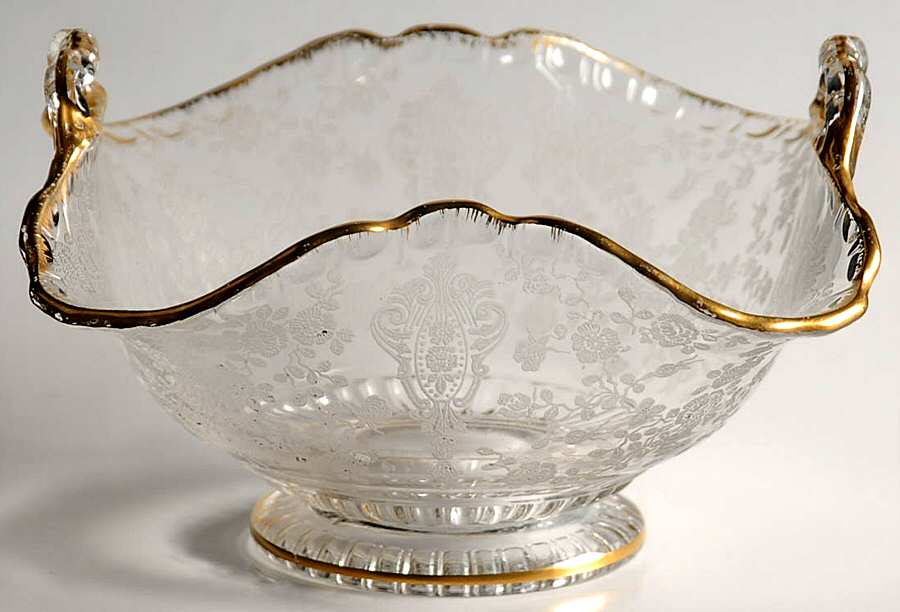 Rose Point Clear (Stem 3500, Gold Trim, Etched) 6" Basket with 2 Handles by Cambridge-1