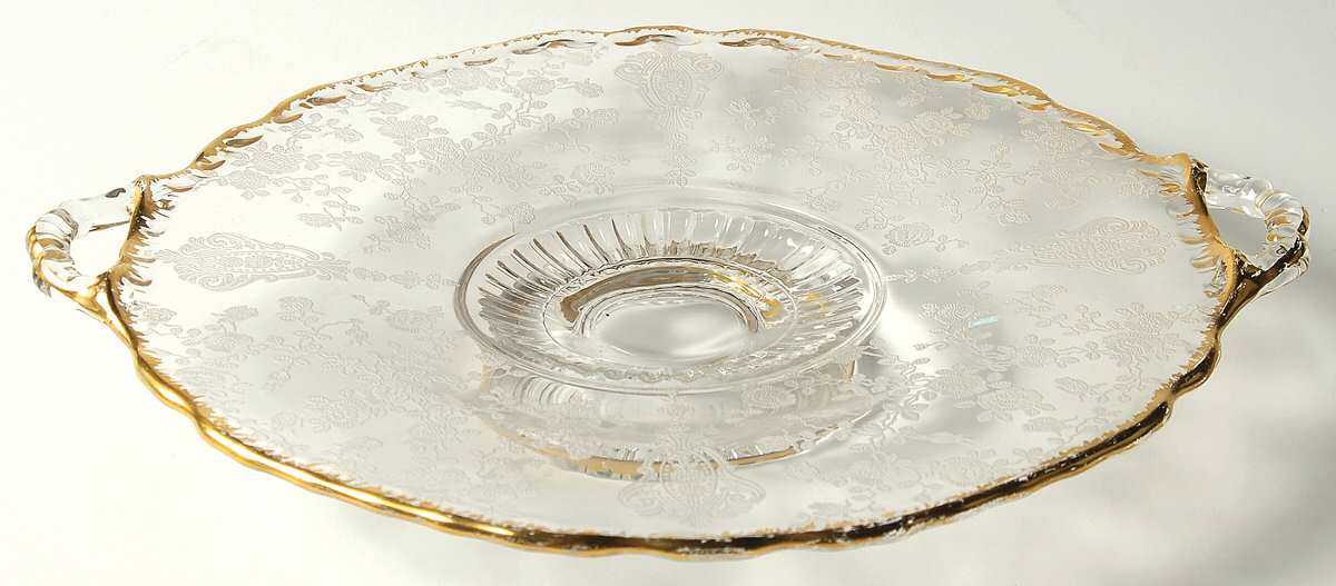 Rose Point Clear (Stem 3500, Gold Trim, Etched) 8" Footed Plate by Cambridge-1