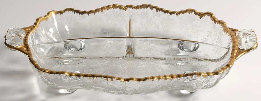 Rose Point Clear (Stem 3500, Gold Trim, Etched) #3500/64 4-Toed 3 Part Relish by Cambridge-1
