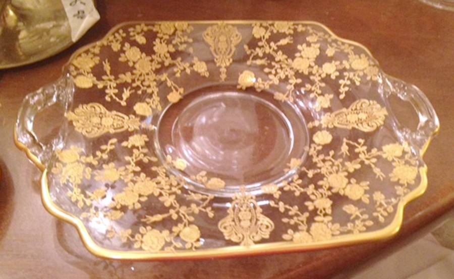 Rose Point Clear (Stem 3500, Gold Encrusted) 3400/1181 Handled Bon Bon Plate by Cambridge-1