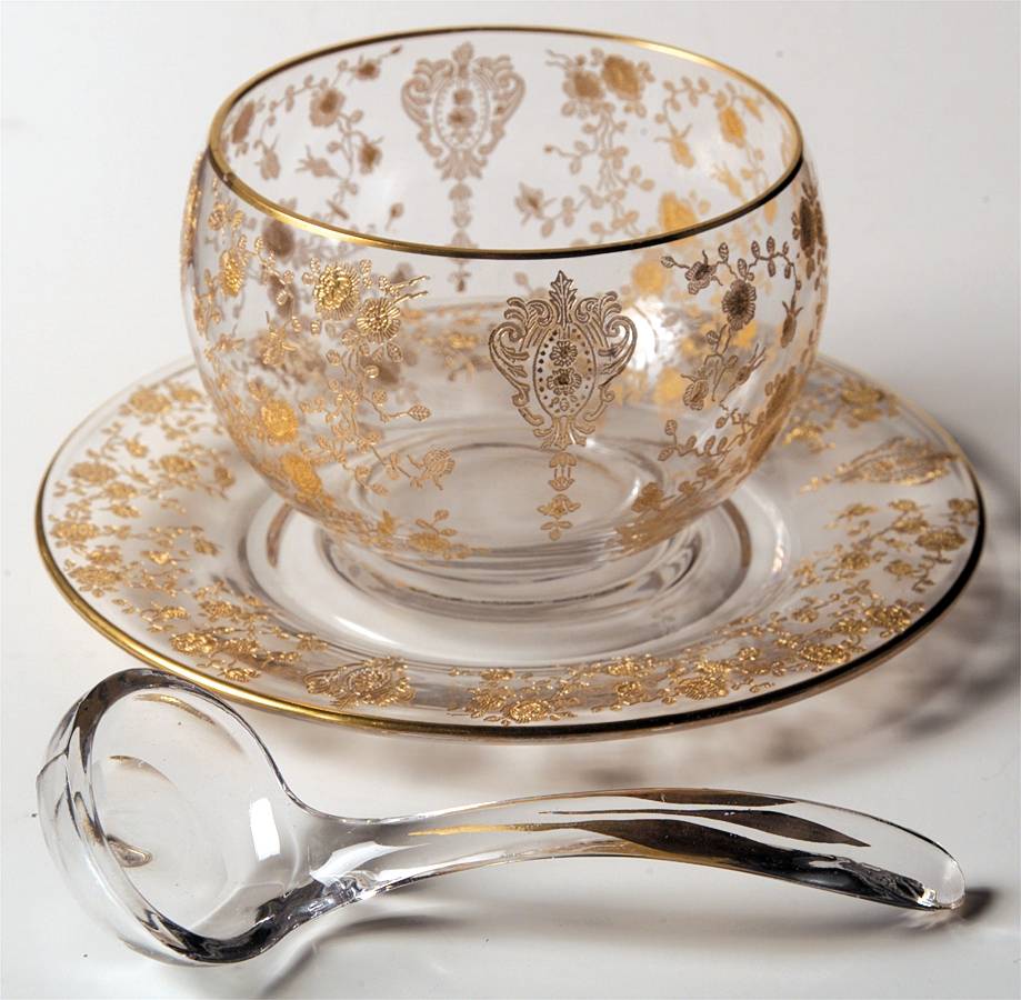 Rose Point Clear (Stem 3500, Gold Encrusted) Mayonnaise Bowl, Underplate and Ladle by Cambridge-1