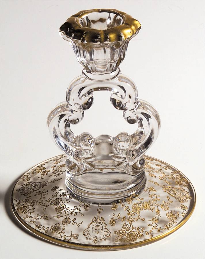 Rose Point Clear (Stem 3500, Gold Encrusted) 5" KeyHole Candlestick w/Round Base by Cambridge-1