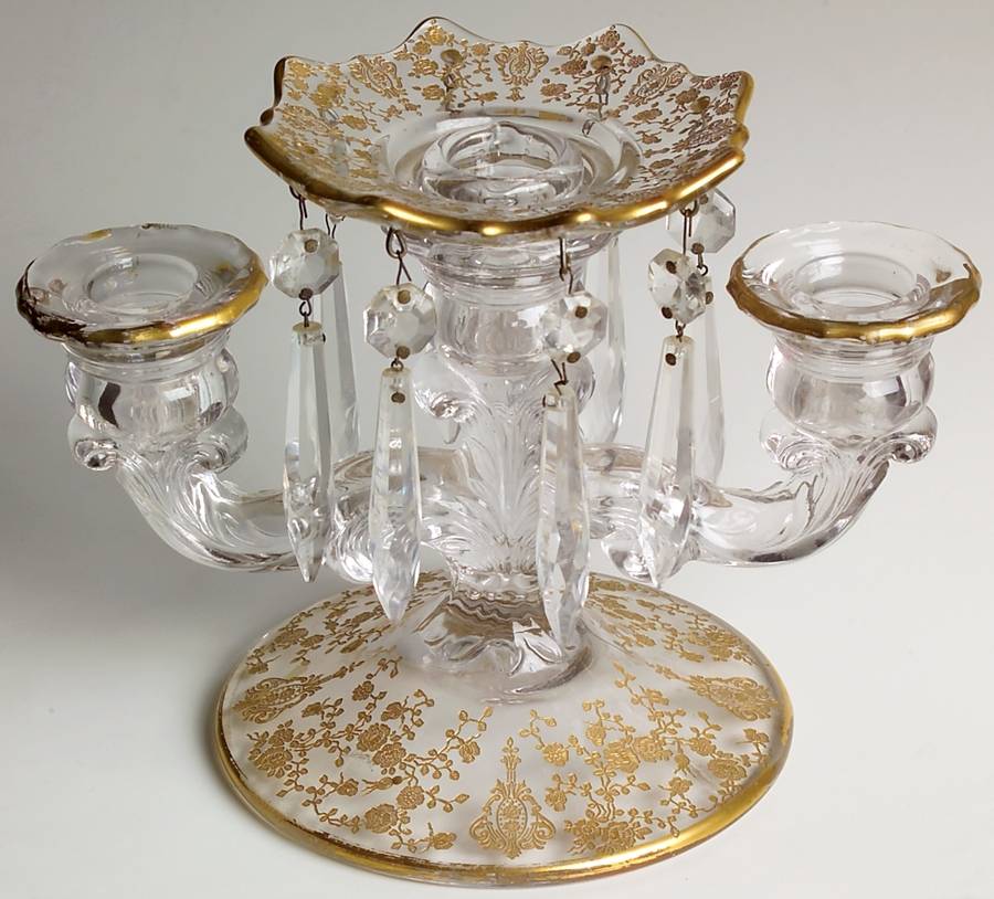 Rose Point Clear (Stem 3500, Gold Encrusted) Three Light Prism Candlestick by Cambridge-1
