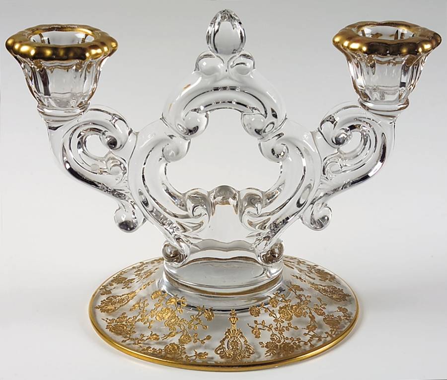Rose Point Clear (Stem 3500, Gold Encrusted) 3400/647 2 Light Candlestick (Round Base) by Cambridge-1