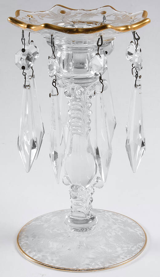 Wildflower Clear (Gold Trim, Stem 3121) 7" Candlestick with Bobeche and Prisms by Cambridge-1