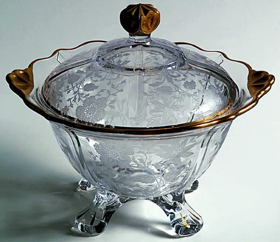 Wildflower Clear (Gold Trim, Stem 3121) 3400/9 Four Toed Candy Dish with Lid by Cambridge-1