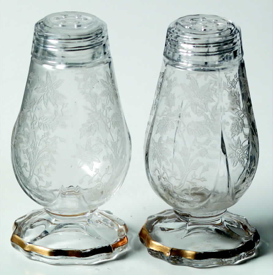 Wildflower Clear (Gold Trim, Stem 3121) 3400/77 Footed Shaker Set with Glass Lids by Cambridge-1
