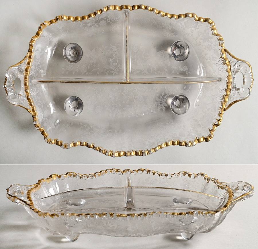 Wildflower Clear (Gold Trim, Stem 3121) #3500/64 4-Toed 3 Part Relish by Cambridge-1