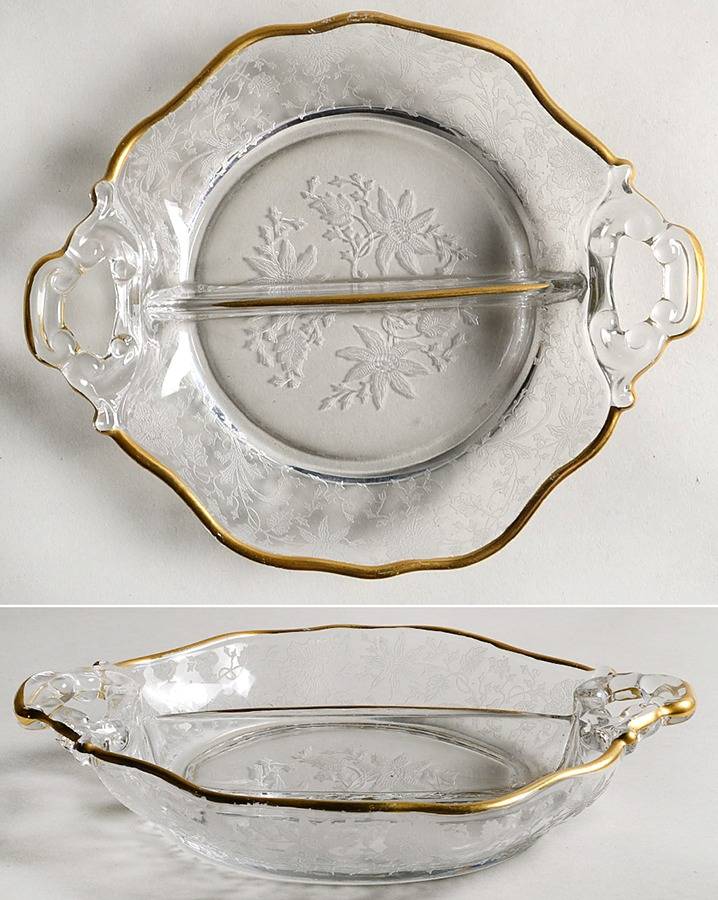 Wildflower Clear (Gold Trim, Stem 3121) 3400/90 Shape 2 Part Handled Relish by Cambridge-1