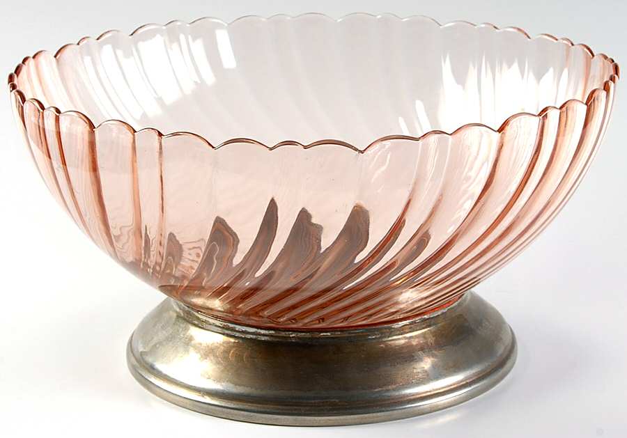 Rosaline Pink (Swirl Optic) 10" Round Bowl Metal Base by Cristal D'Arques - Durand-1