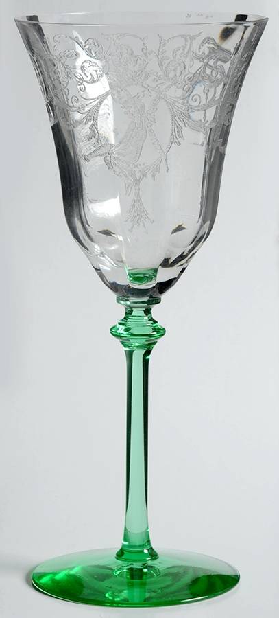 Morgan Green (Clear Bowl, Green Stem, Stem 22) Water Goblet by Central Glass Works-1