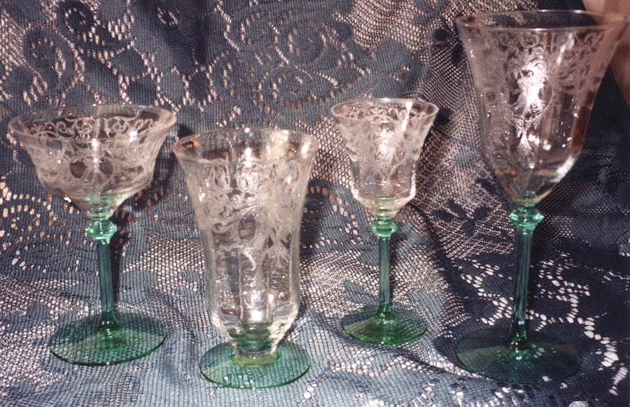 Morgan Green (Clear Bowl, Green Stem, Stem 22) Champagne/Tall Sherbet by Central Glass Works-1