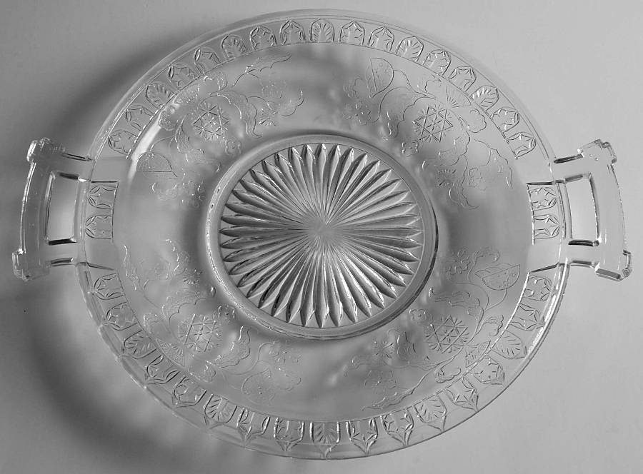 Scroll with Flowers Handled Cake Plate by Central Glass Works-1