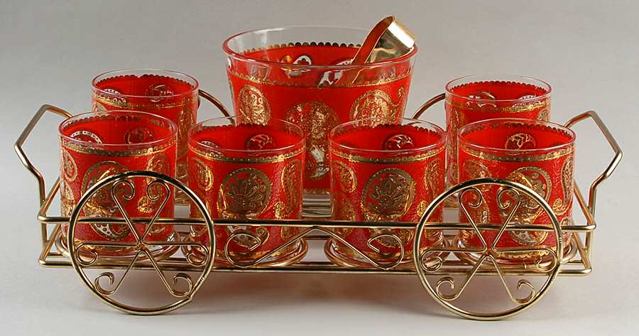Paisley (9 Pc) Dbl Old Fashioned Bev Set W/Metal Tray,Tong by Culver-1