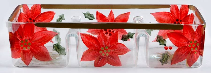 Poinsettia 11" Rectangular 3 Part Relish by Crystal Clear Industries-1