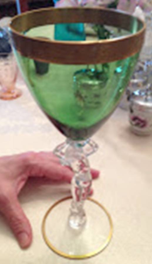 Nude Stems-All Colors & Variations Forest Green Water Goblet w/Minton Encrusted Band by Cambridge-1