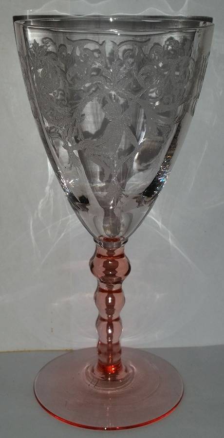 Morgan Pink (Clear Bowl, Pink Stem, Stem 24) Water Goblet by Central Glass Works-1