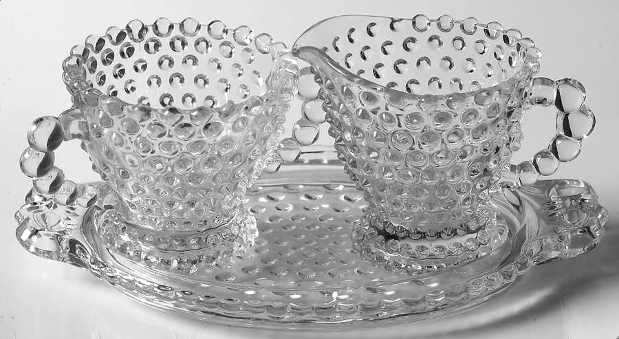 Hobnail Clear (Pressed) Creamer, Sugar and Tray Set by Duncan & Miller-1