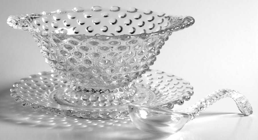 Hobnail Clear (Pressed) Mayonnaise Bowl, Underplate and Ladle by Duncan & Miller-1