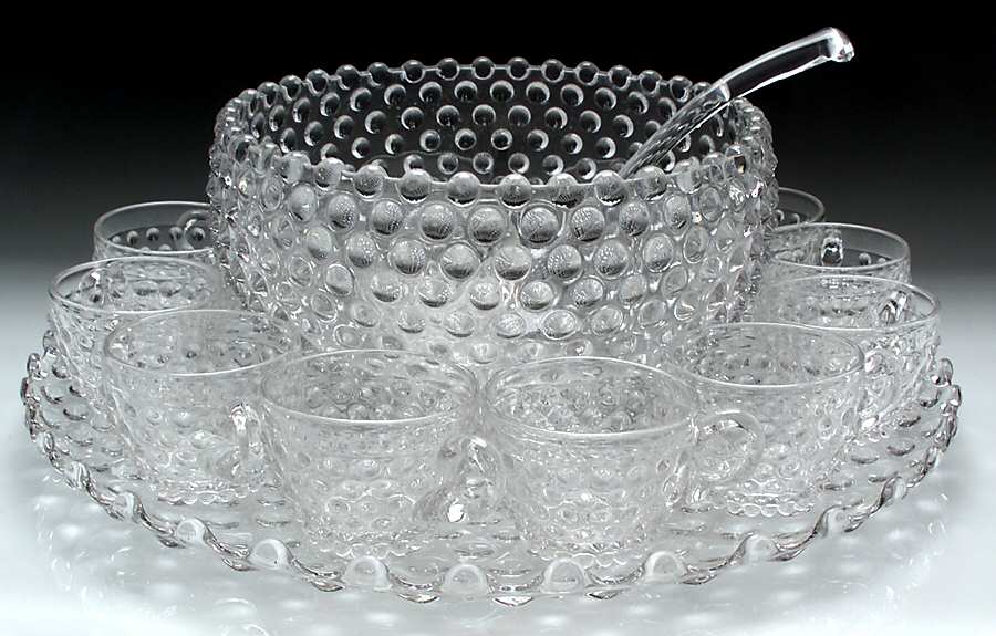 Hobnail Clear (Pressed) (15 Piece) Punch Set (Bowl, Plate, Ladle, 12 Cups) by Duncan & Miller-1