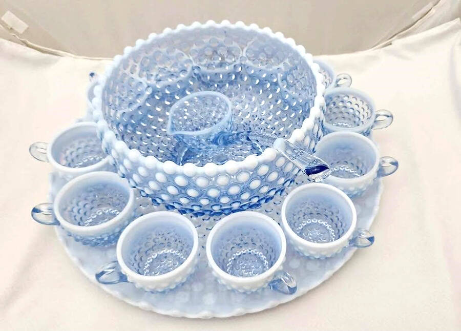 Hobnail Blue (Opalescent) (15 Piece) Punch Set (Bowl, Plate, Ladle, 12 Cups) by Duncan & Miller-1