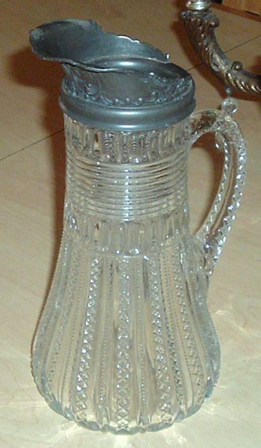 Mardi Gras Clear (Pressed) Pitcher Tankard w/Metal Collar by Duncan & Miller-1