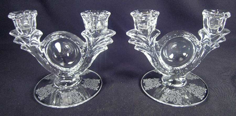 Royal Lace Clear (Etched) Double Light Candlestick by Duncan & Miller-1
