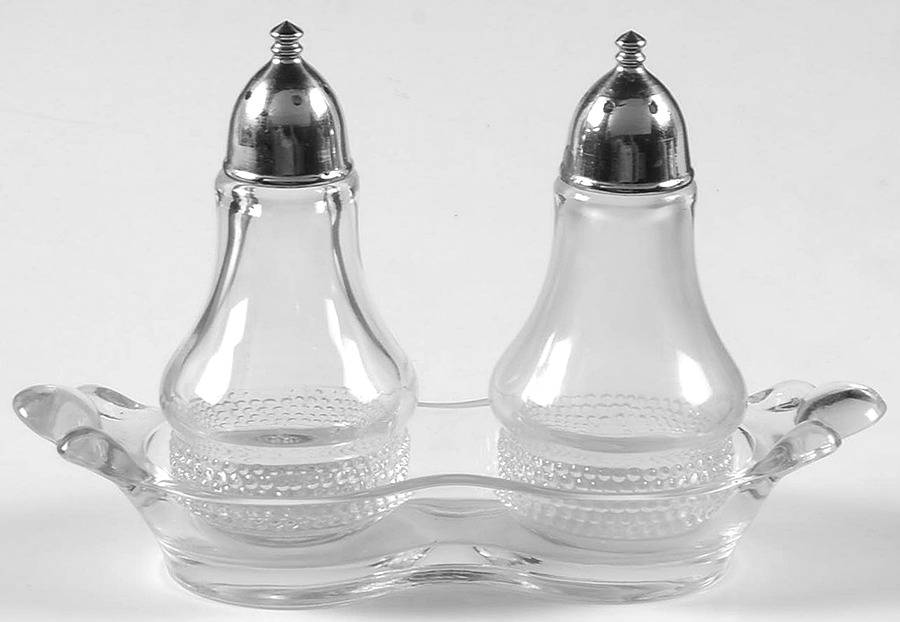 Teardrop Clear (Stem 5301 301) Shaker Set with Metal Lids and Tray by Duncan & Miller-1