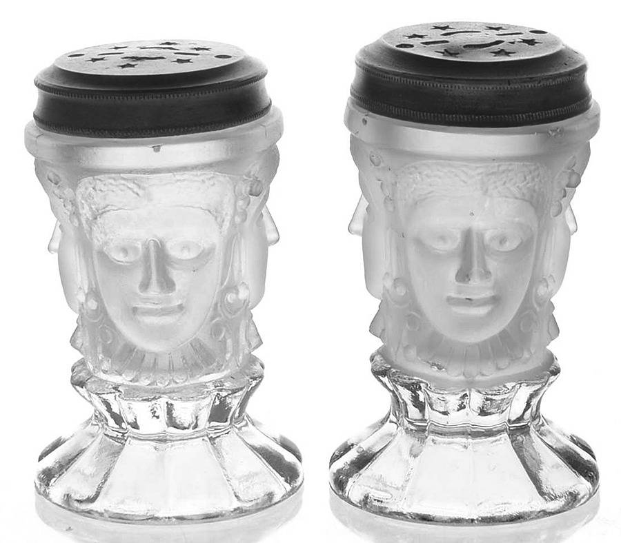 Three Faces (Pressed) Footed Shaker Set & Metal Lids by Duncan & Miller-1