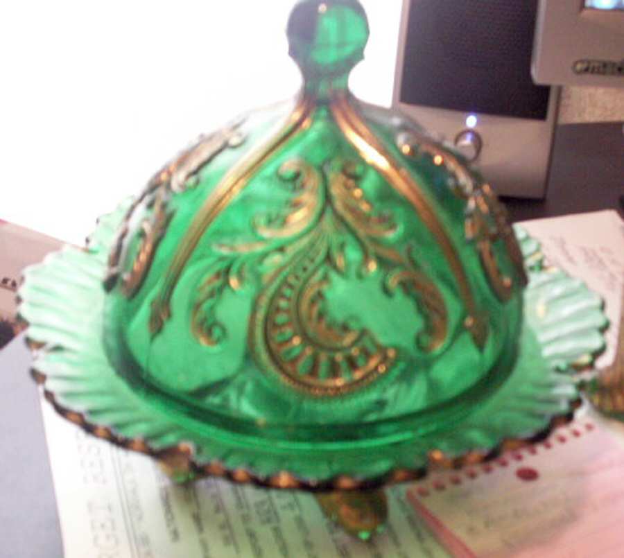 Inverted Fan and Feather Green Round Covered Butter by Dugan-1