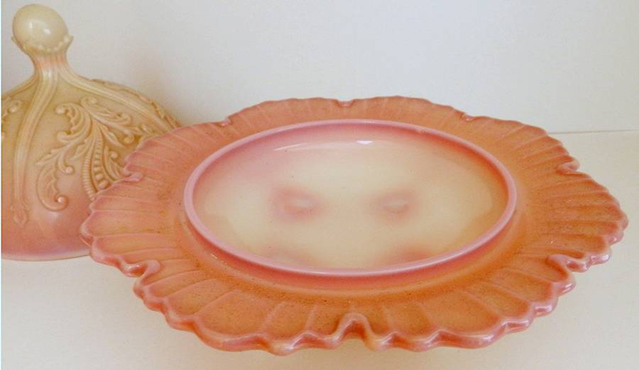 Inverted Fan and Feather Pink (Opaque) Round Butter Dish No Lid by Dugan-1
