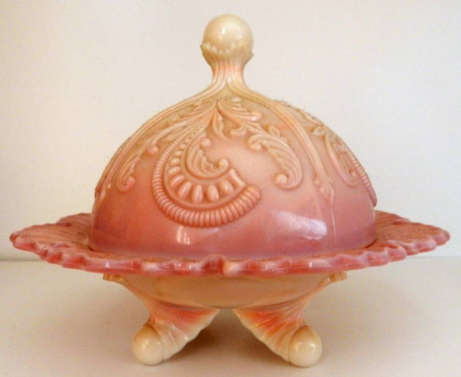 Inverted Fan and Feather Pink (Opaque) Round Covered Butter by Dugan-1