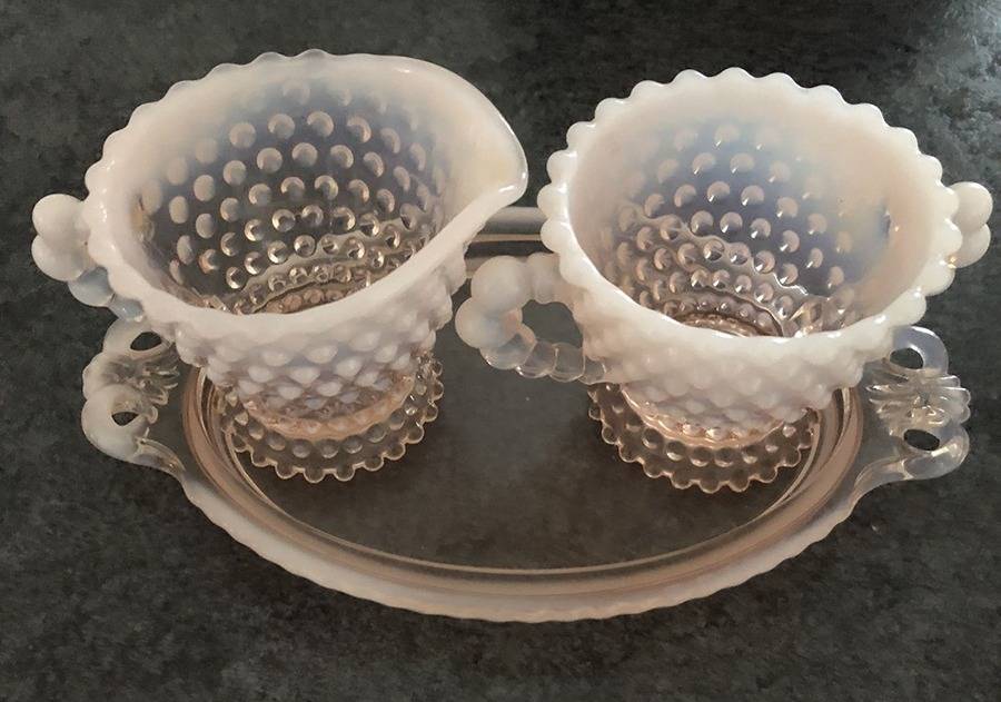 Hobnail Pink (Opalescent) Mini Creamer, Open Sugar & Tray Set by Duncan & Miller-1