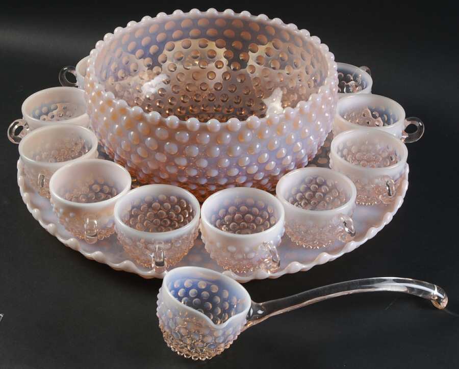 Hobnail Pink (Opalescent) (15 Piece) Punch Set (Bowl, Plate, Ladle, 12 Cups) by Duncan & Miller-1