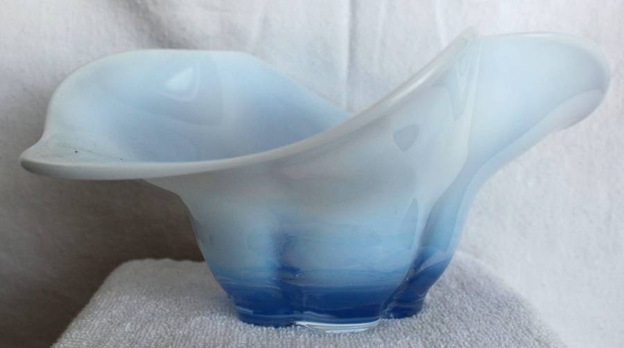 Canterbury Blue (Opalescent) Oval Crimped Bowl by Duncan & Miller-1