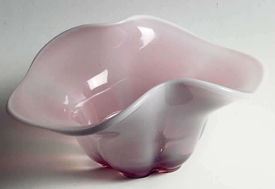 Canterbury Pink (Opalescent) 10" Oval Crimped Bowl by Duncan & Miller-1
