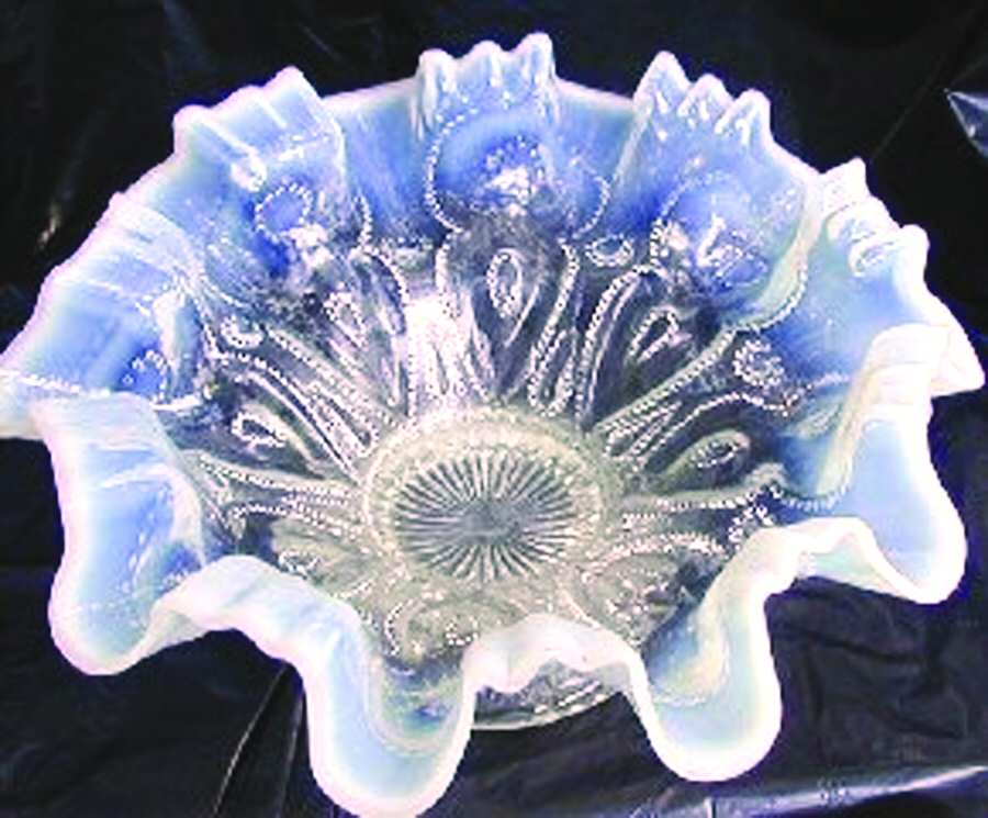 Keyhole White (Opalescent) Crimped Bowl by Dugan-1