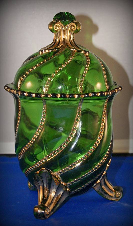 Beaded Swirl Green Sugar Bowl & Lid by Duncan & Miller-1