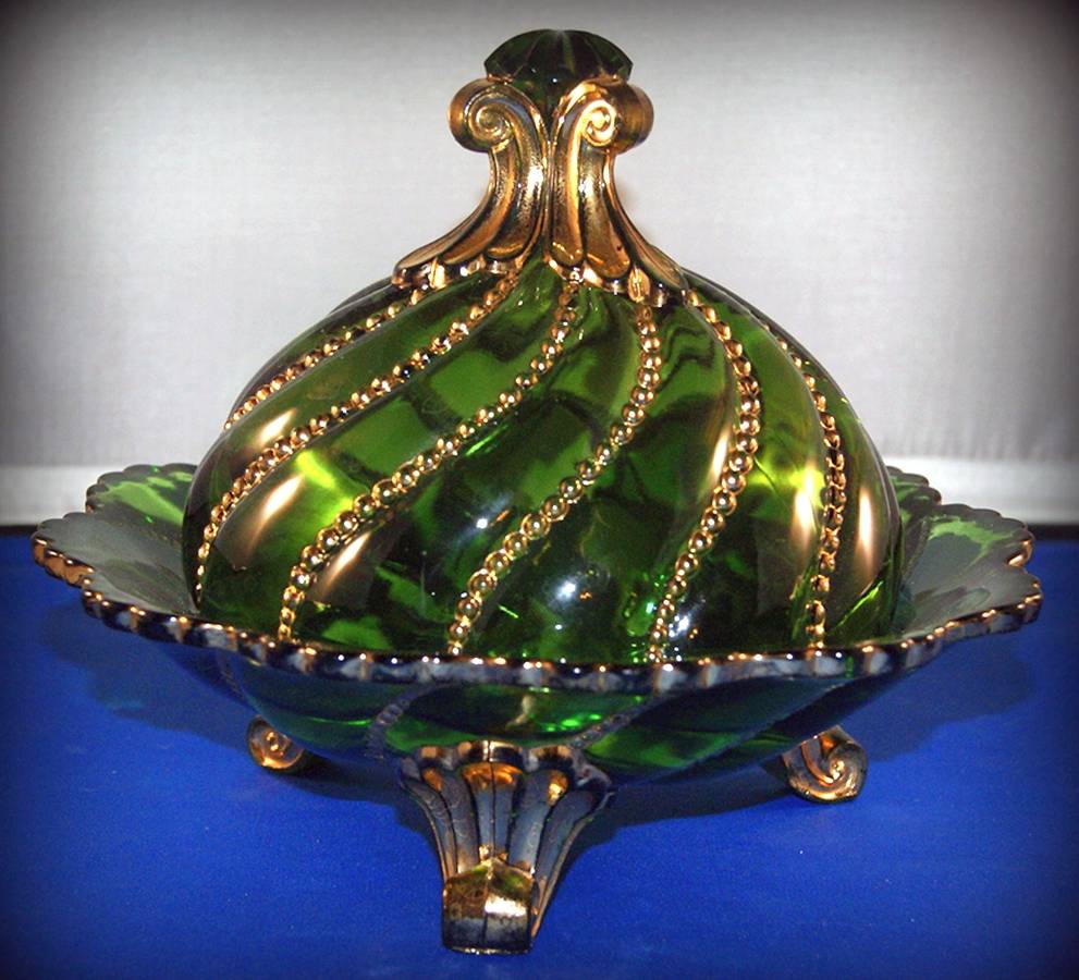 Beaded Swirl Green Round Covered Butter by Duncan & Miller-1