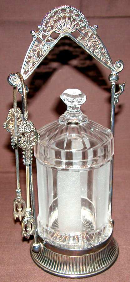 Frosted Ribbon Pickle Castor with Stand and Tongs by Duncan & Miller-1