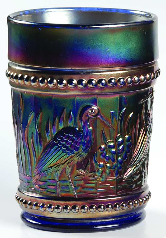 Storks and Rushes Beaded Cobalt (Carnival) 8 Oz Flat Tumbler by Dugan-1