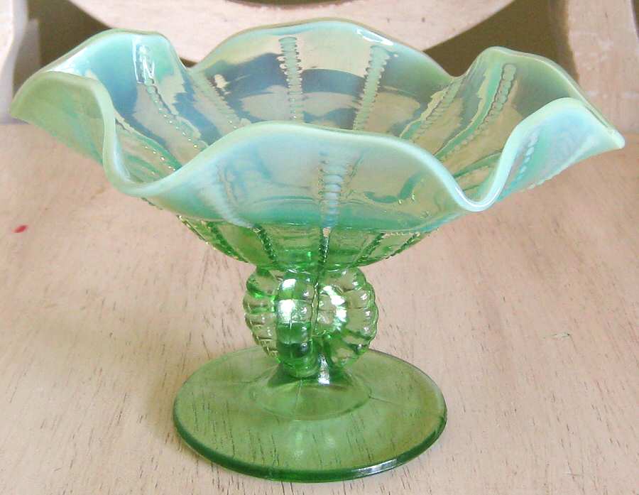 Opal Open Green (Opalescent) Round Compote (Height X Width) by Dugan-1