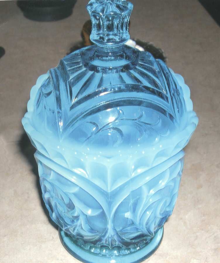 Circled Scroll Blue (Opalescent) Sugar Bowl & Lid by Dugan-1