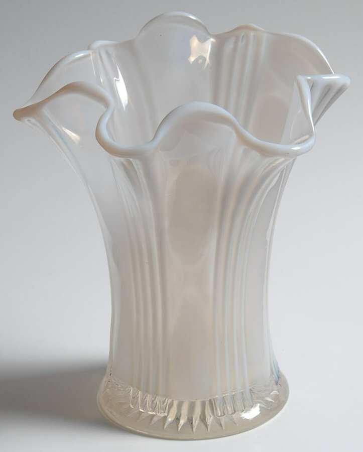 Rib and Thumbprint White (Opalescent) 6" Crimped Vase by Dugan-1