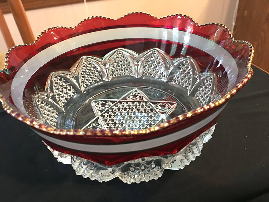 Button Arches Frosted Ruby Flash 8" Round Bowl by Duncan & Miller-1