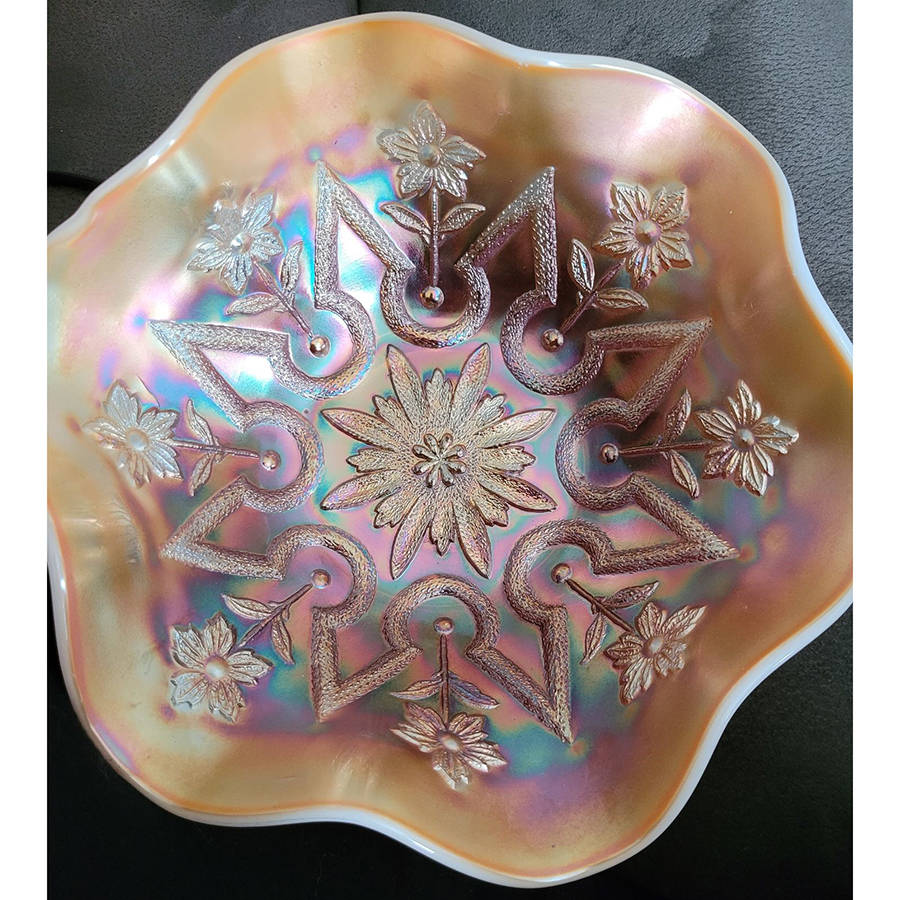 Flower and Spades Peach Opalescent Round Compote (Height X Width) by Dugan-1