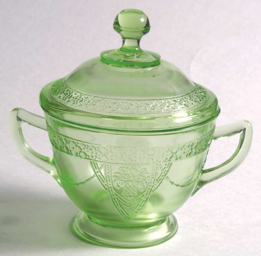 Georgian Green Sugar Bowl & Lid by Federal Glass -1