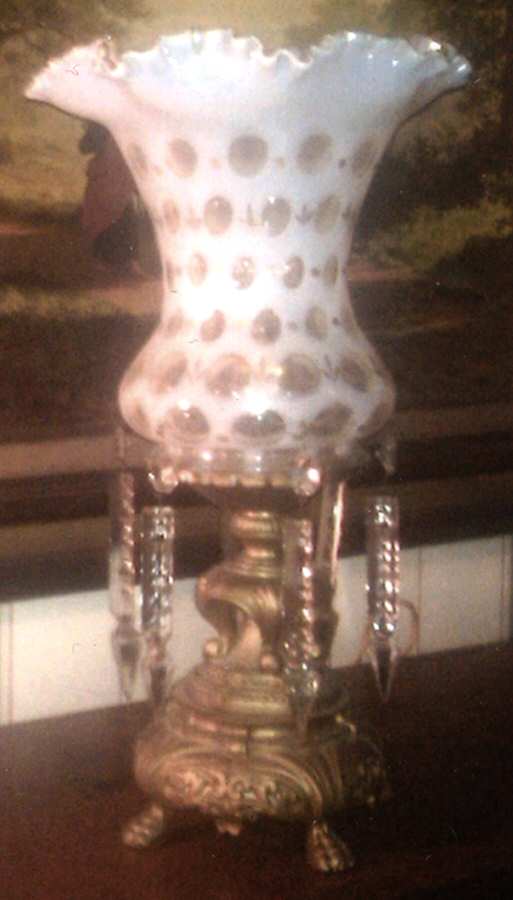 Coin Dot French (Opalescent) Hurricane Lamp (Globe, Metal Base & 6 Prisms) by Fenton-1